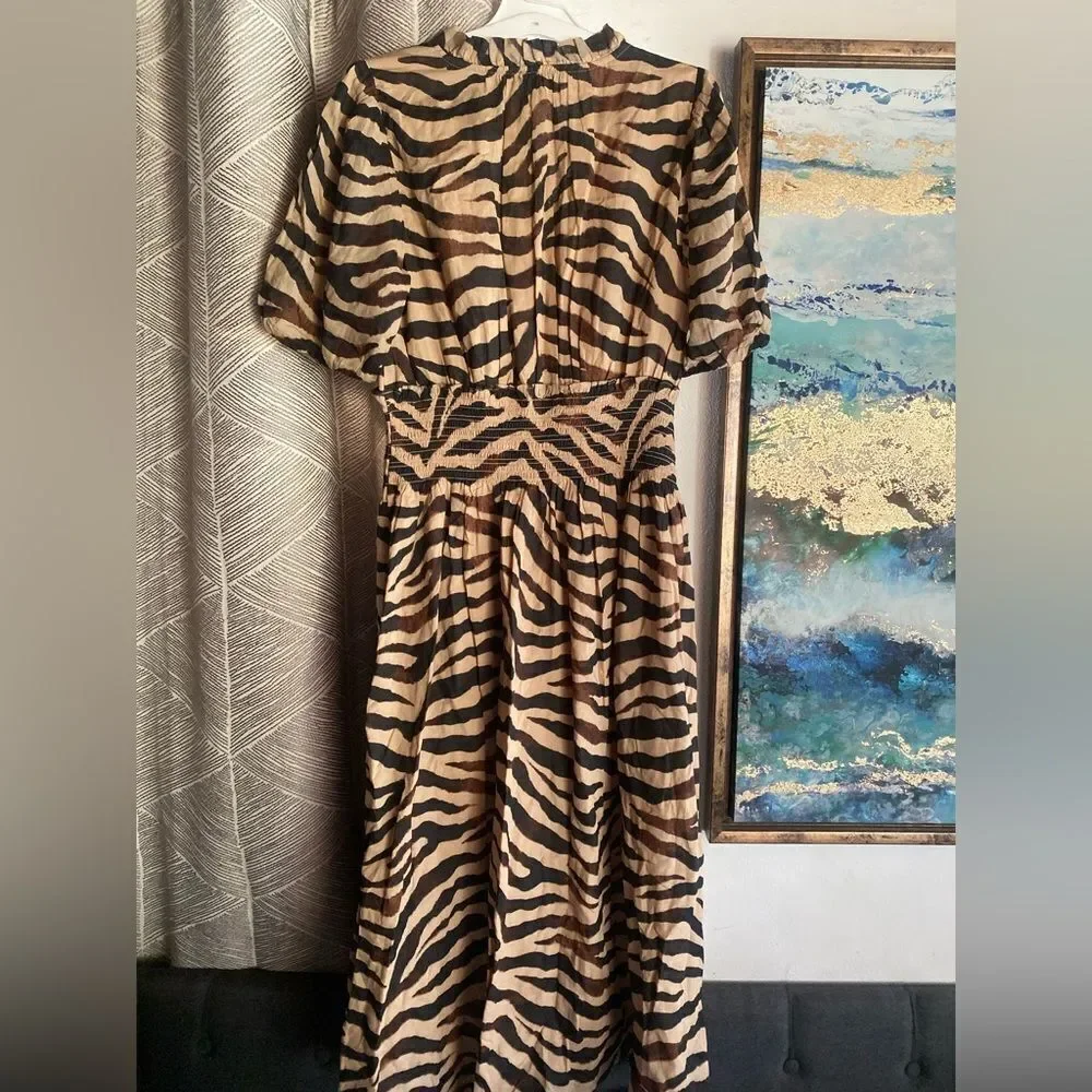 J. Crew Midi Dress Women's Zebra Print Smocked Waist Short Sleeve Sz Small NWT